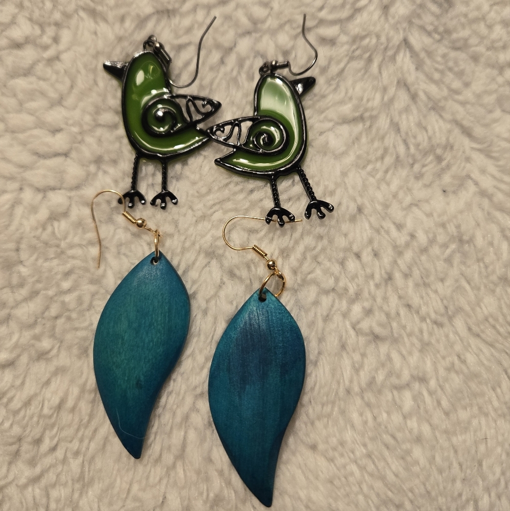 2 sets of earrings, cartoon bird, and green shape earrings